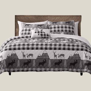 Moose Checkered Sherpa 4 Piece Bedding Quilt Set KING